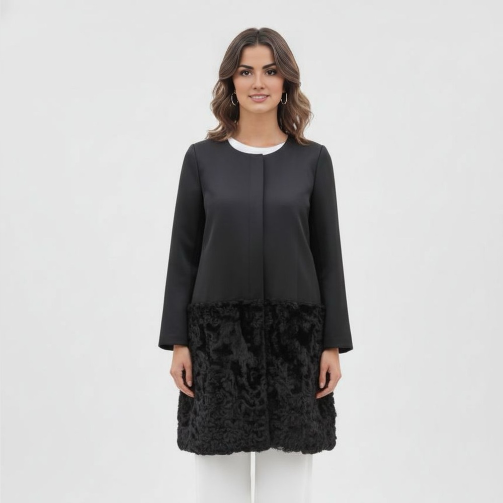 Maximilian Bloomingdales fur trim black cashmere blend coat L